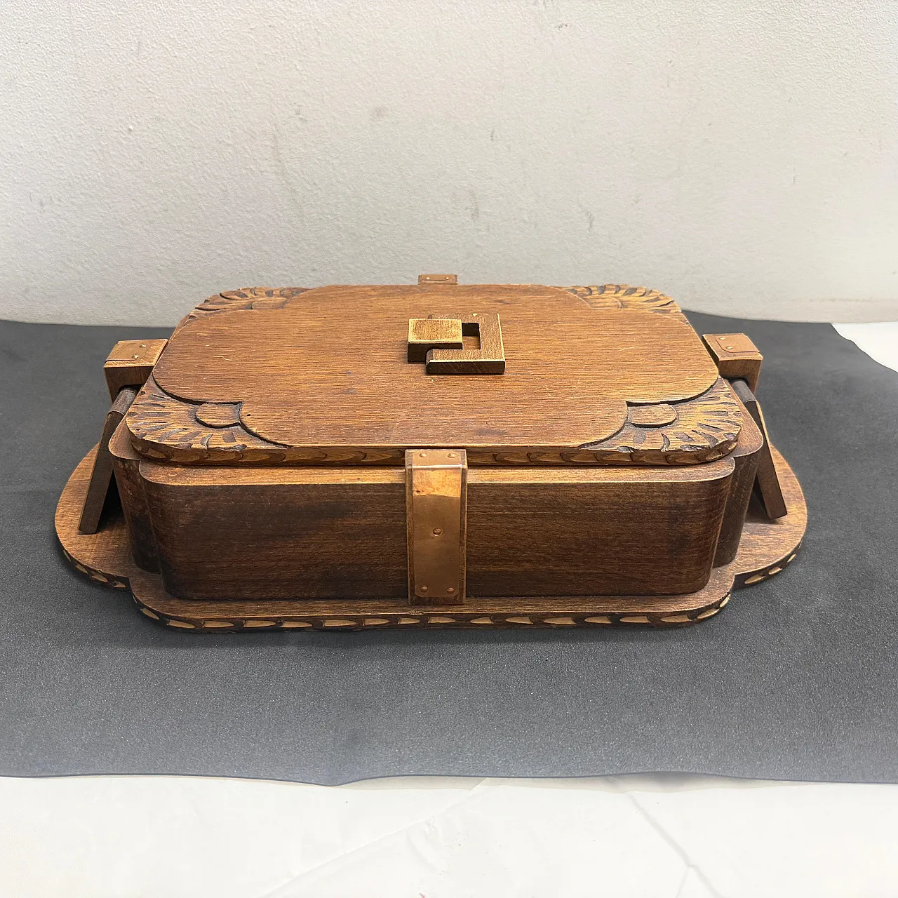 Art Deco hand-carved oak, maple wood and brass huge box, 1930s 7