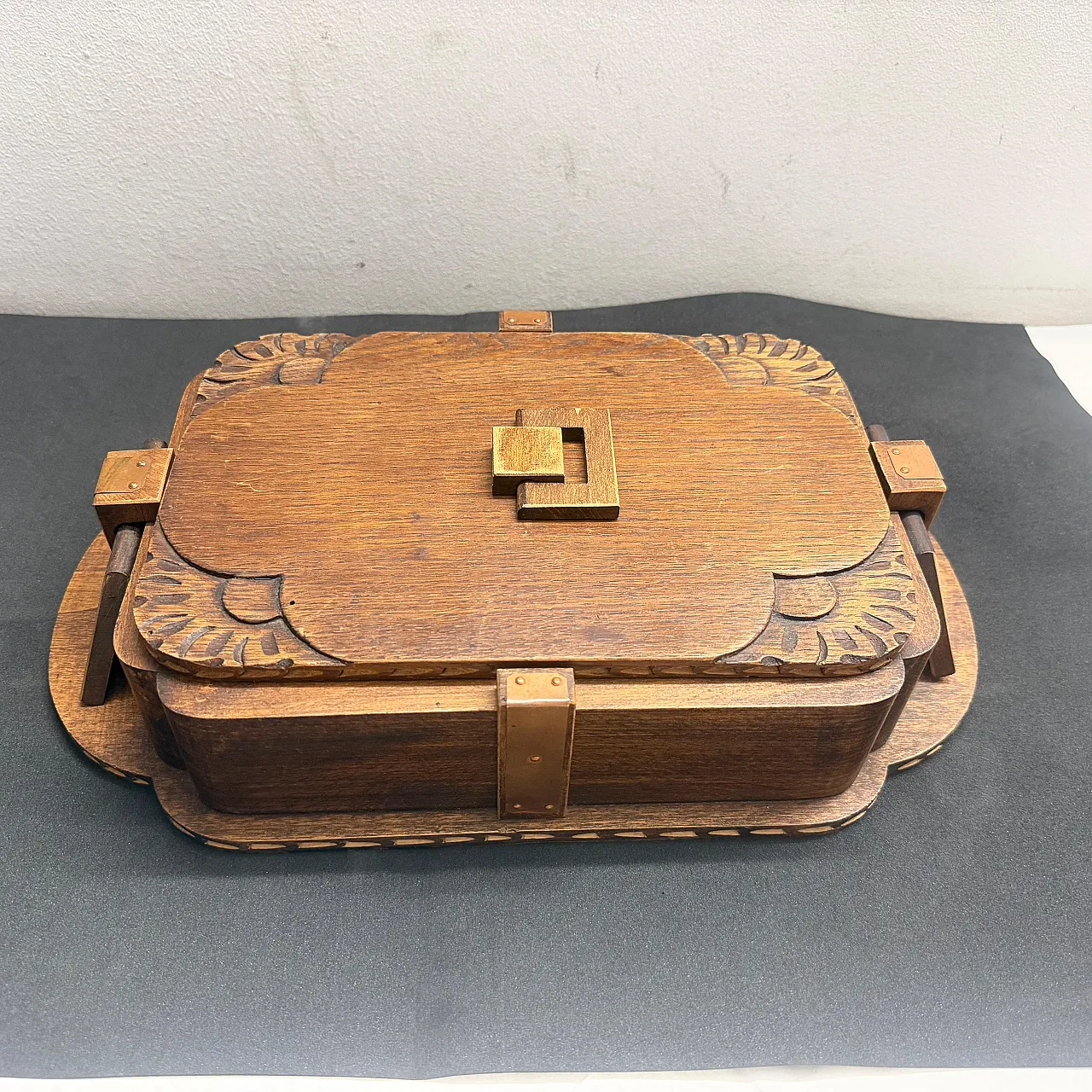 Art Deco hand-carved oak, maple wood and brass huge box, 1930s 9