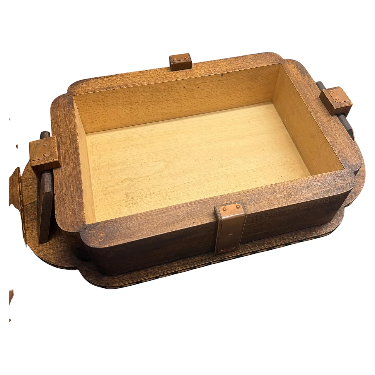 Art Deco hand-carved oak, maple wood and brass huge box, 1930s 11