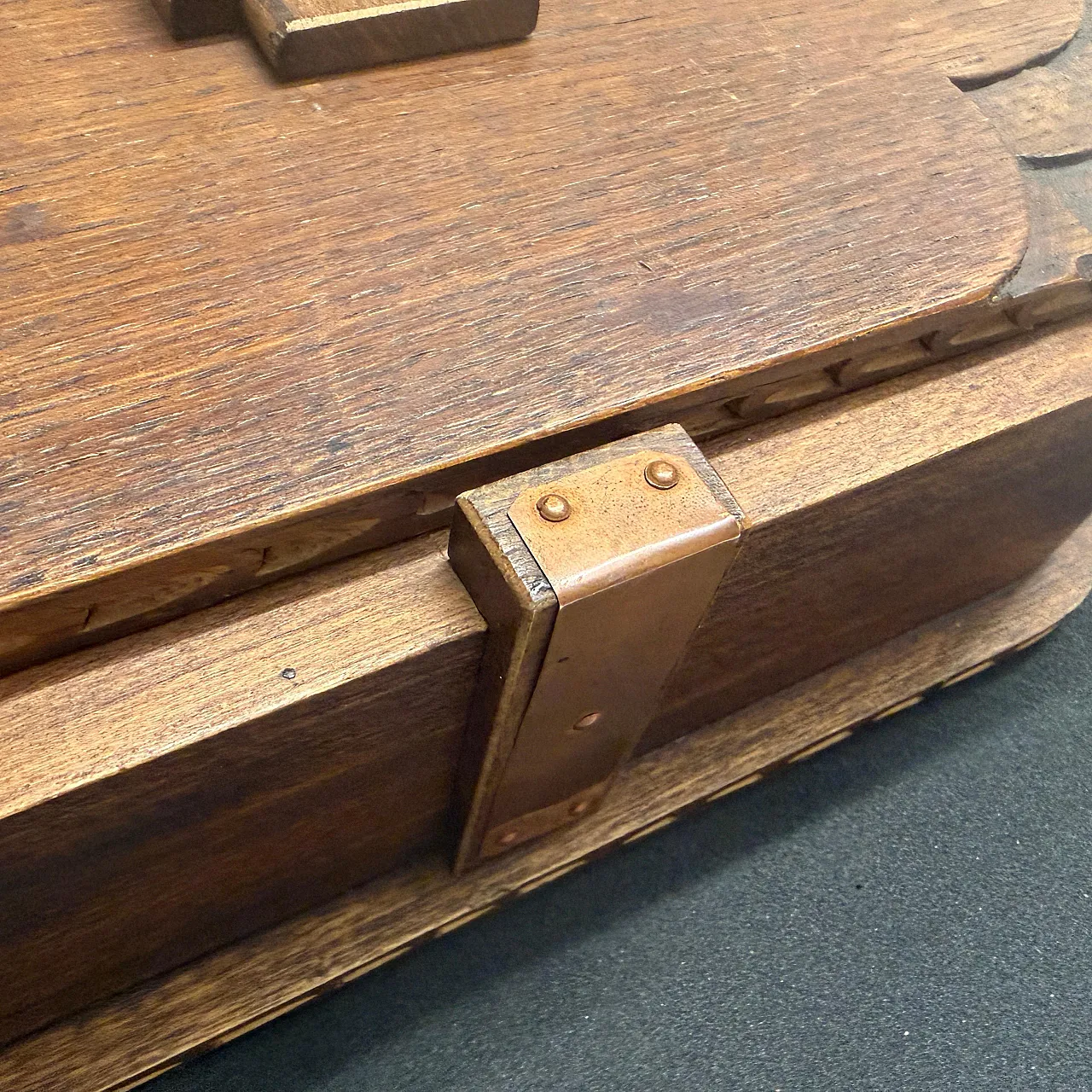 Art Deco hand-carved oak, maple wood and brass huge box, 1930s 13