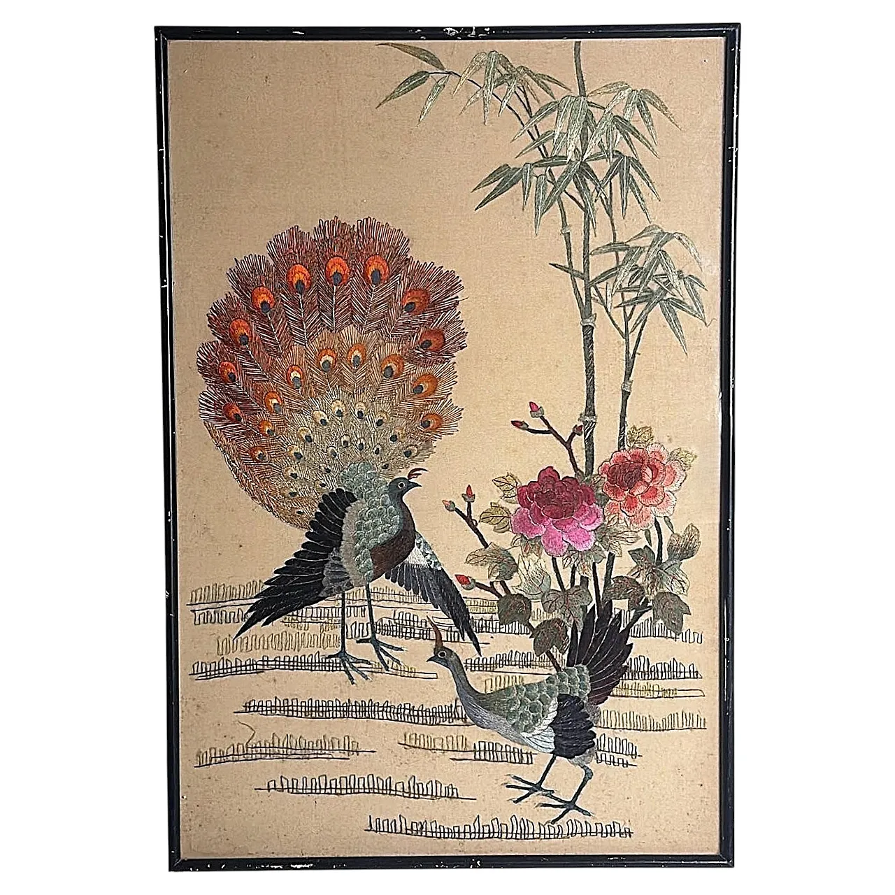 Silk embroidery panel with peacocks, peonies and bamboo, 1920s 1