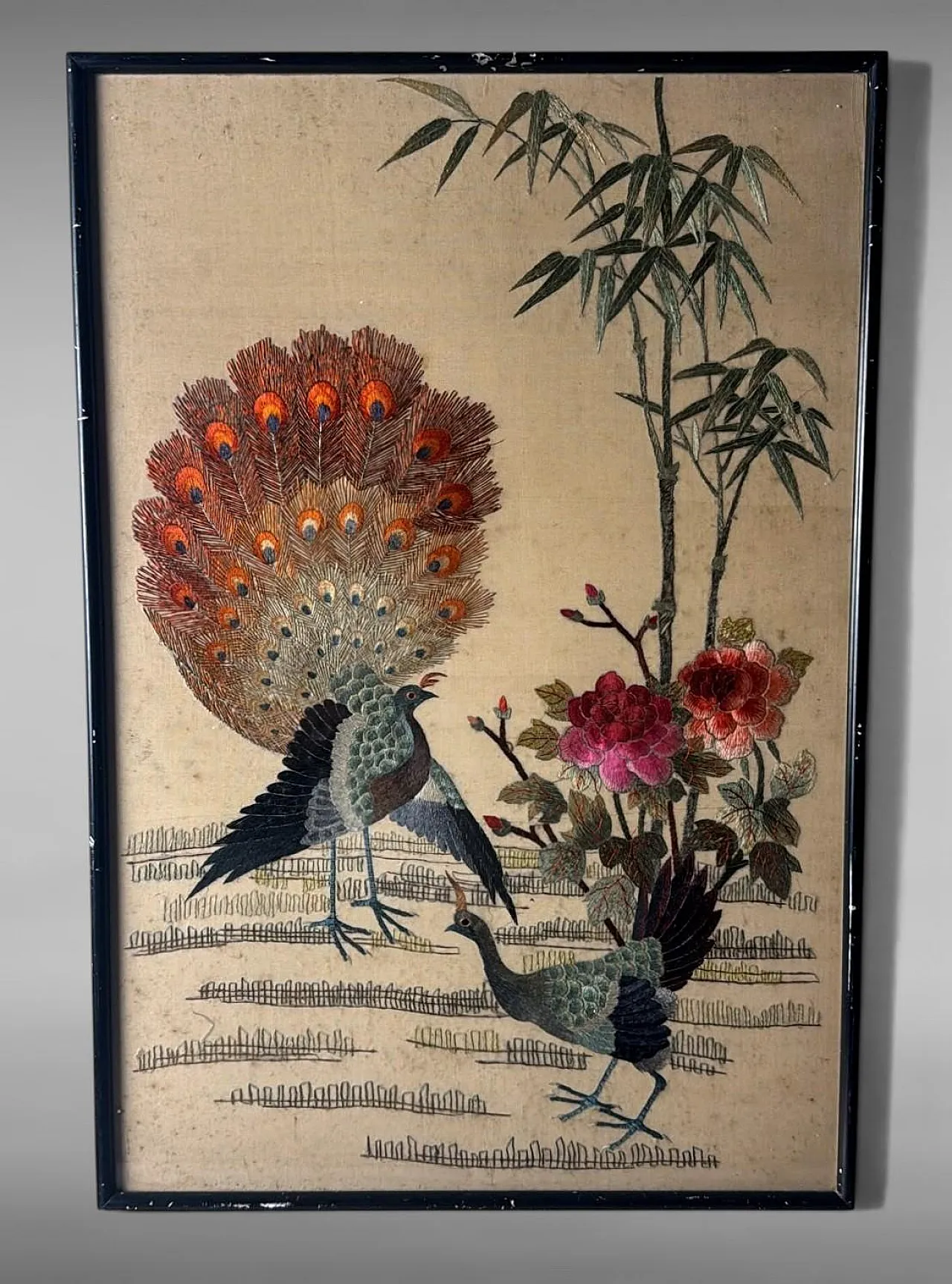 Silk embroidery panel with peacocks, peonies and bamboo, 1920s 2