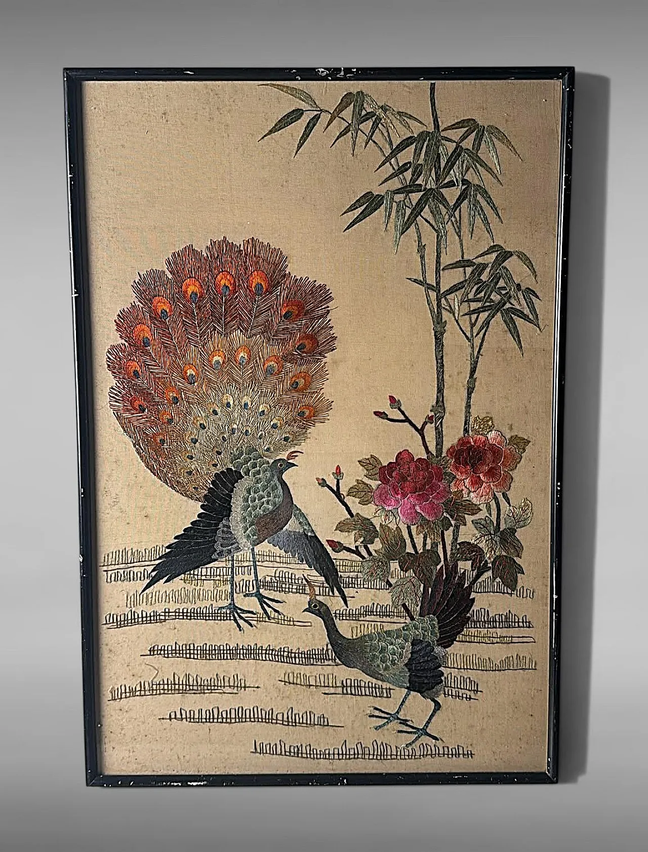 Silk embroidery panel with peacocks, peonies and bamboo, 1920s 3