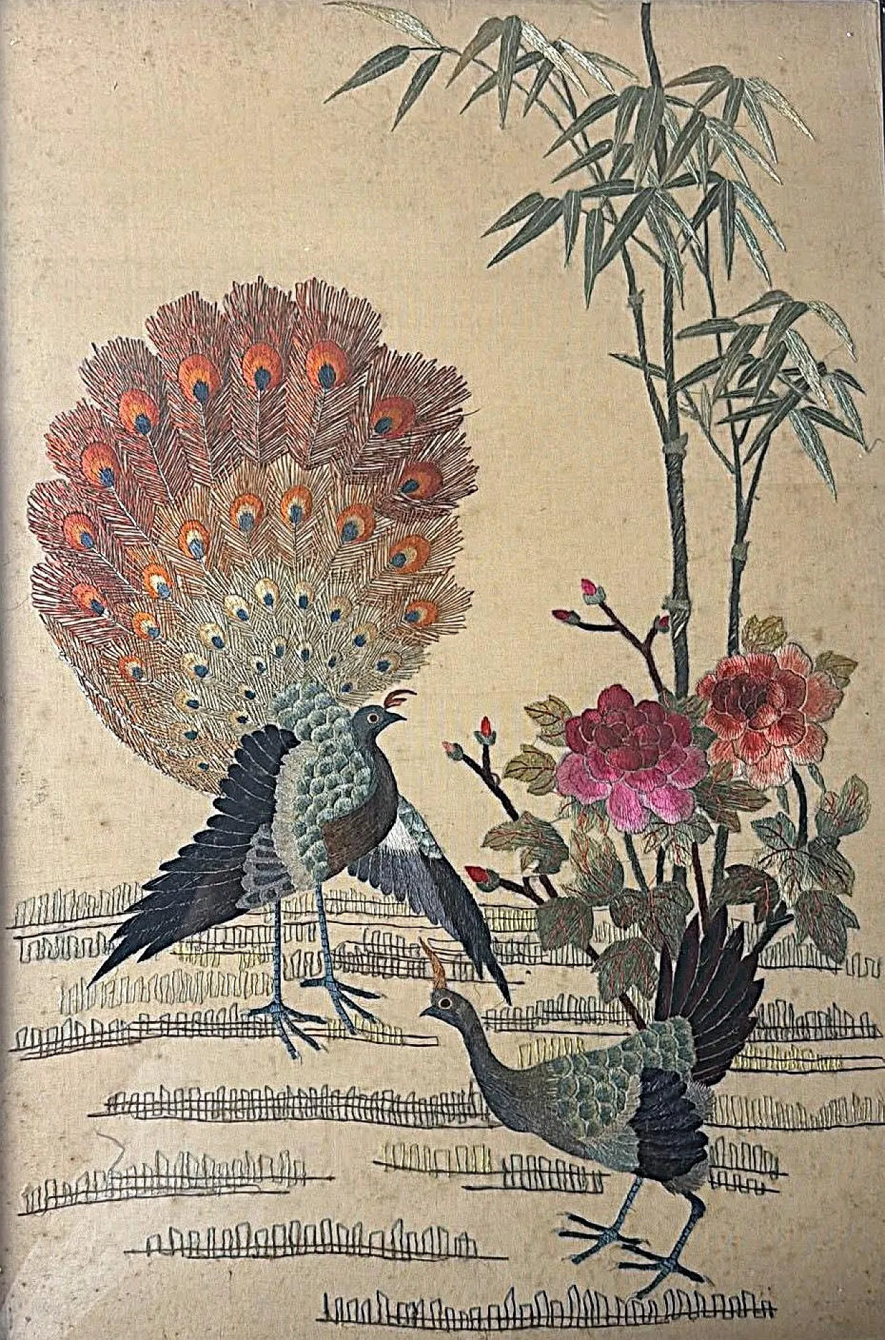 Silk embroidery panel with peacocks, peonies and bamboo, 1920s 4