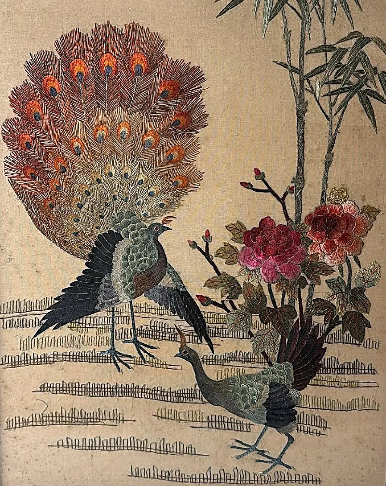 Silk embroidery panel with peacocks, peonies and bamboo, 1920s 5