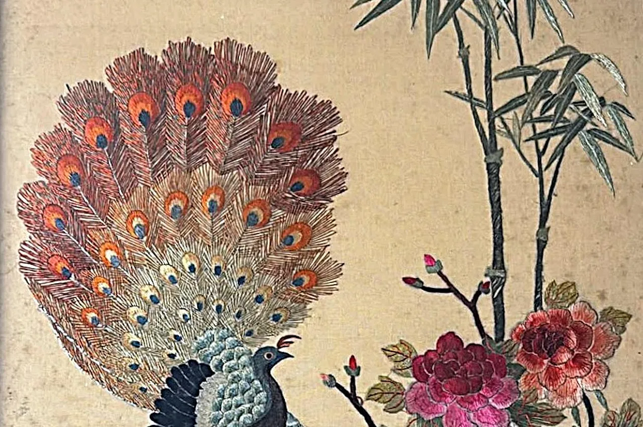 Silk embroidery panel with peacocks, peonies and bamboo, 1920s 6