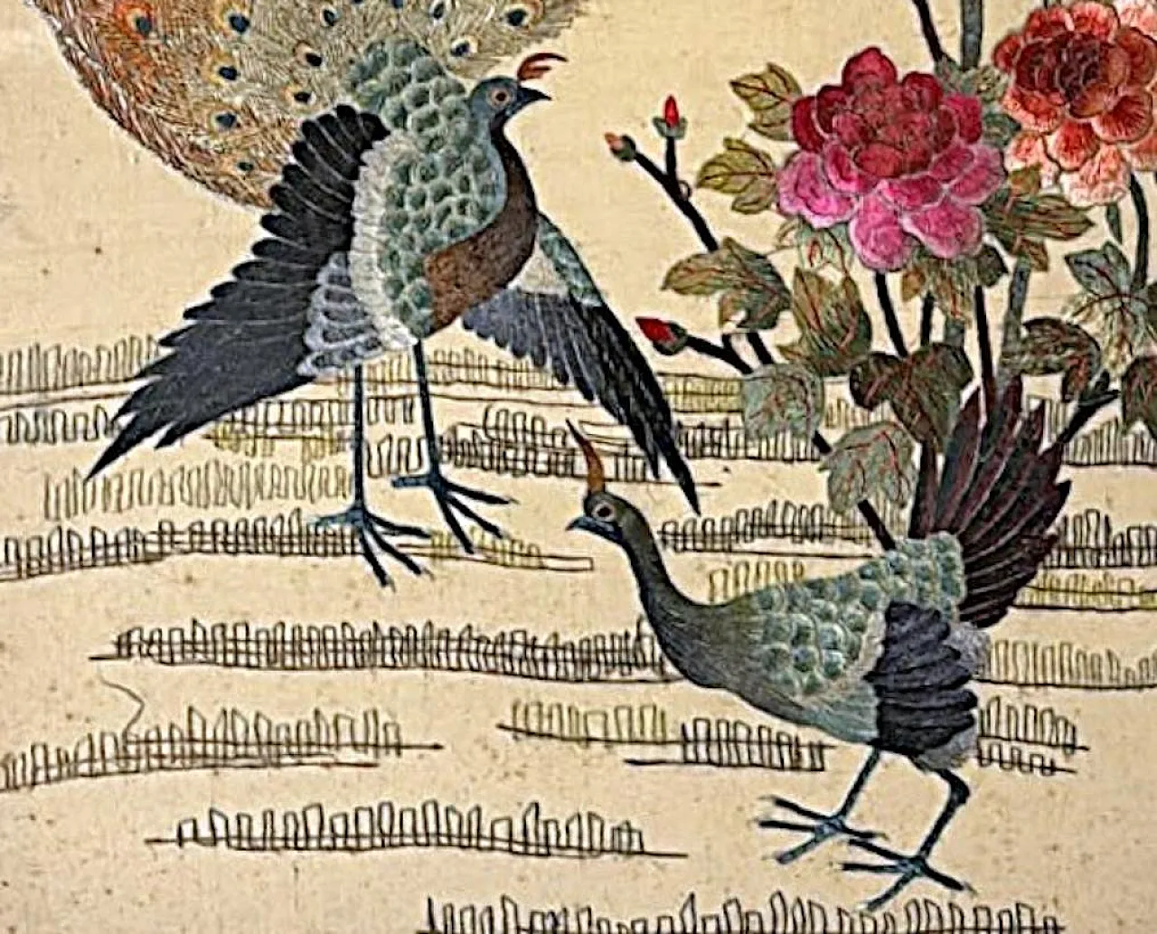 Silk embroidery panel with peacocks, peonies and bamboo, 1920s 9