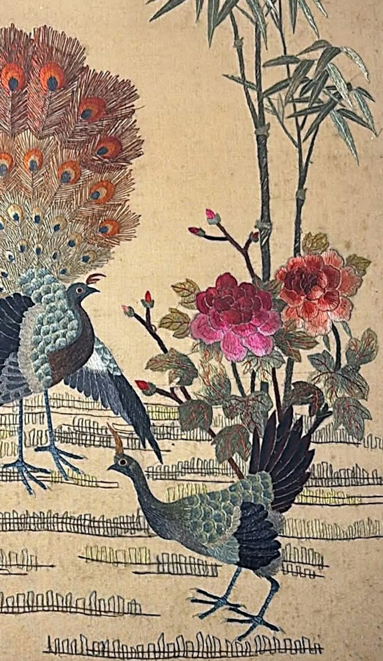 Silk embroidery panel with peacocks, peonies and bamboo, 1920s 10