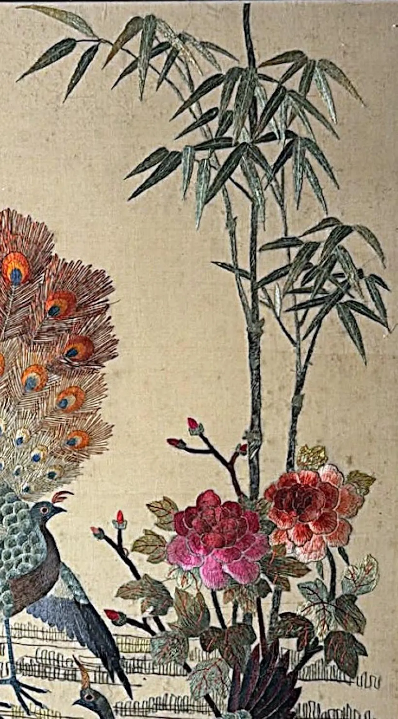 Silk embroidery panel with peacocks, peonies and bamboo, 1920s 11