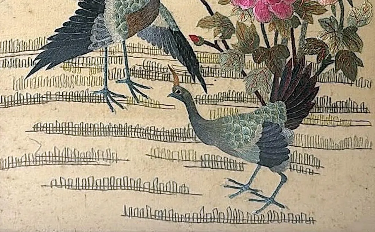 Silk embroidery panel with peacocks, peonies and bamboo, 1920s 12