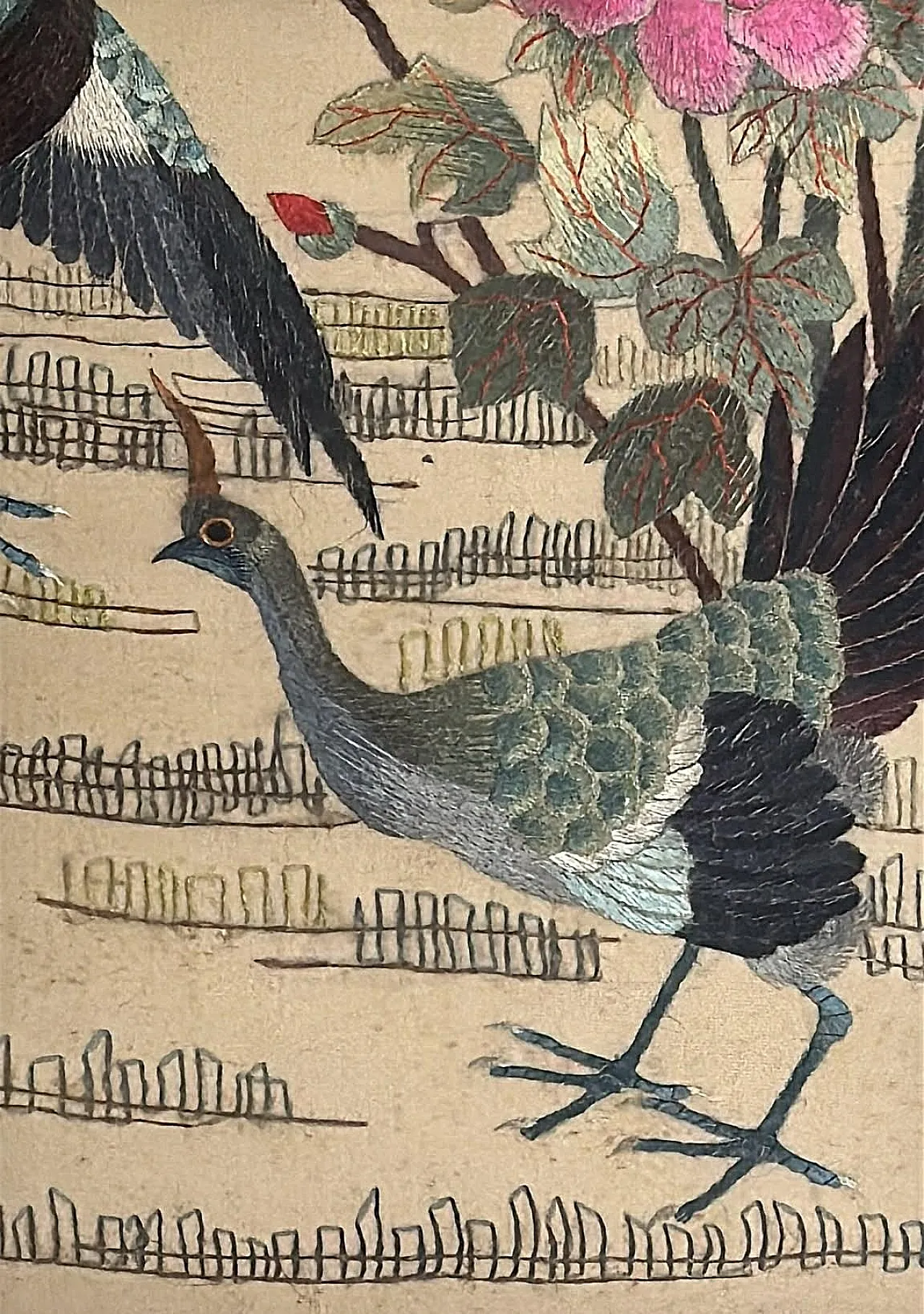 Silk embroidery panel with peacocks, peonies and bamboo, 1920s 13