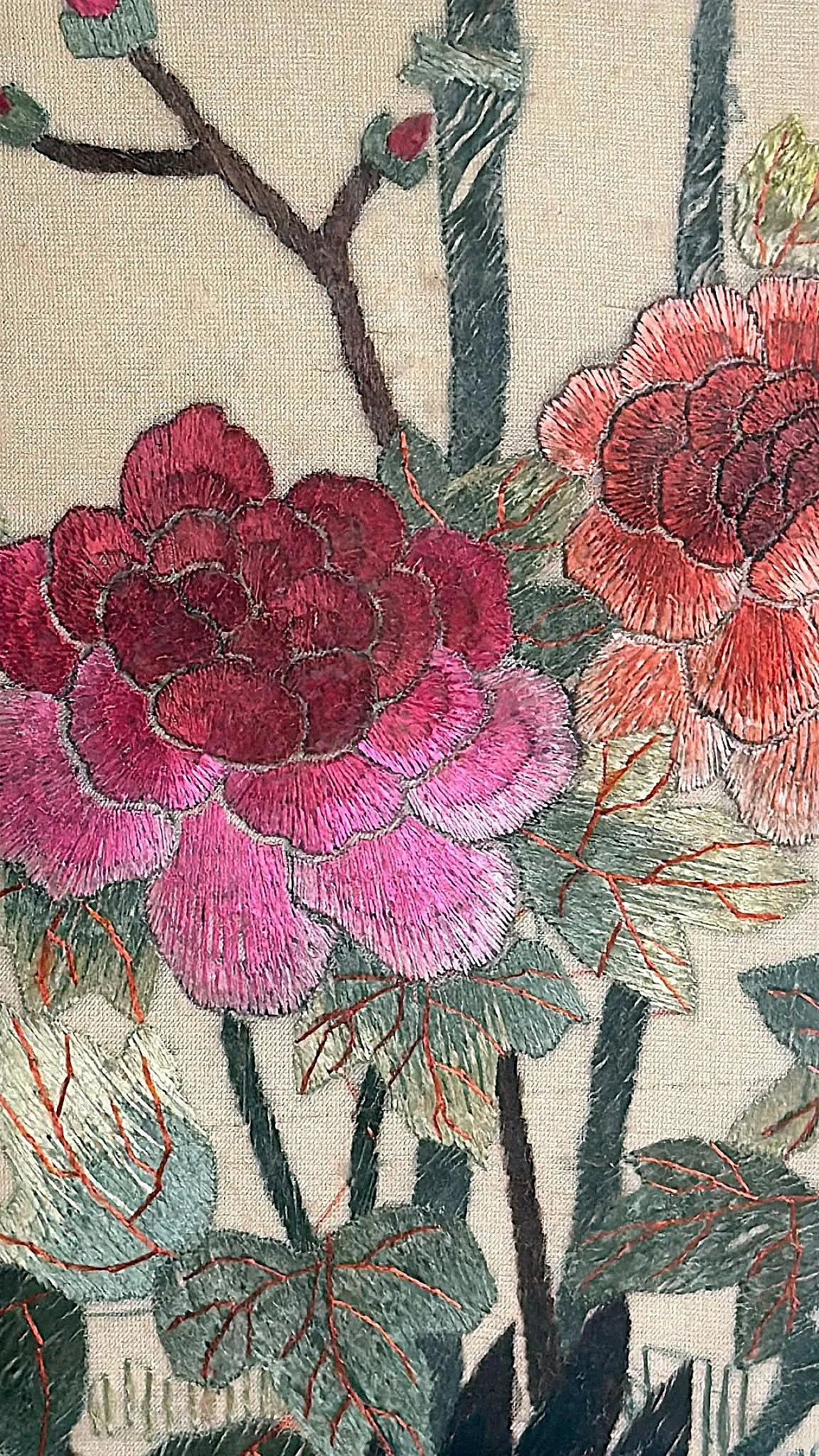 Silk embroidery panel with peacocks, peonies and bamboo, 1920s 14