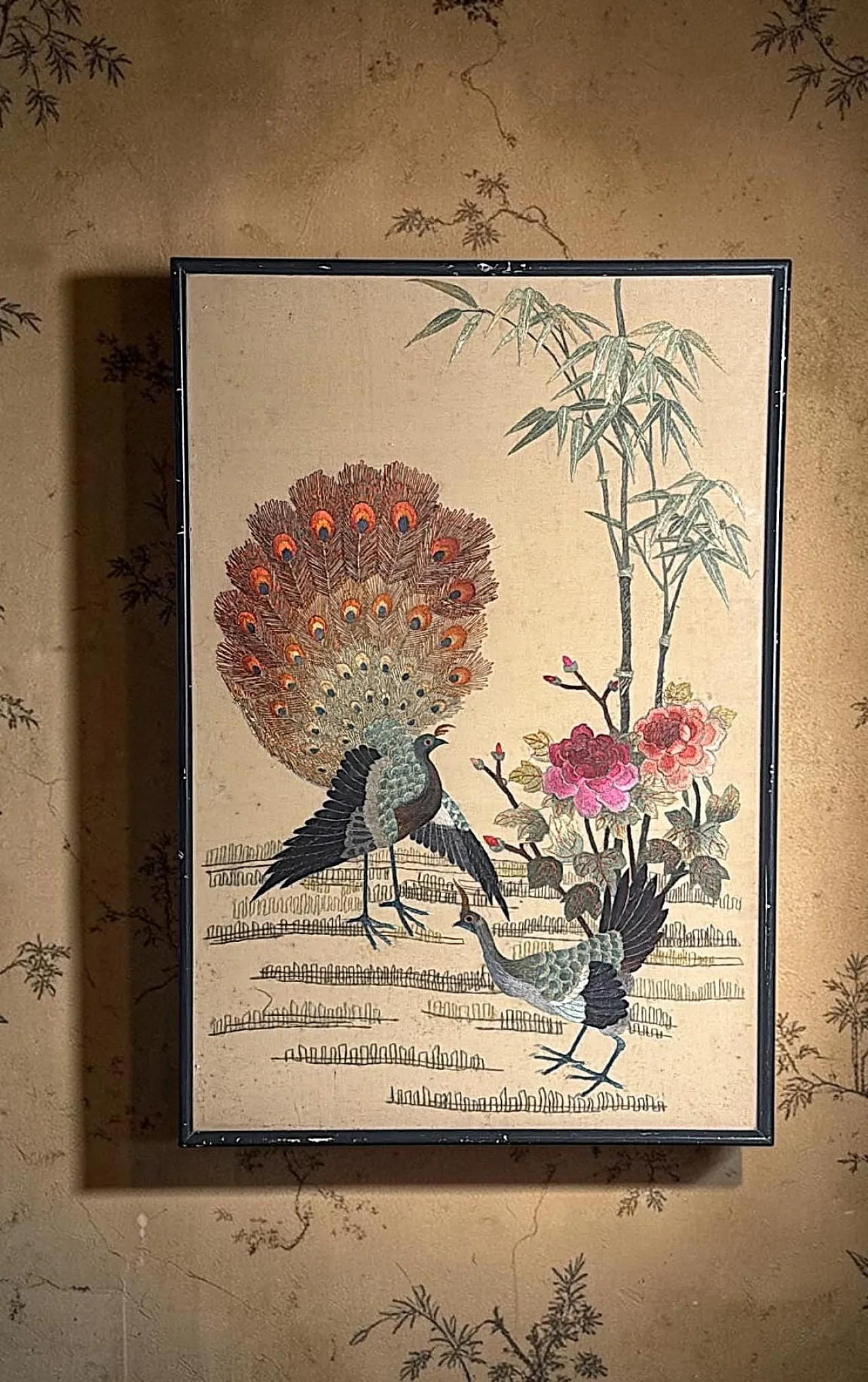 Silk embroidery panel with peacocks, peonies and bamboo, 1920s 19