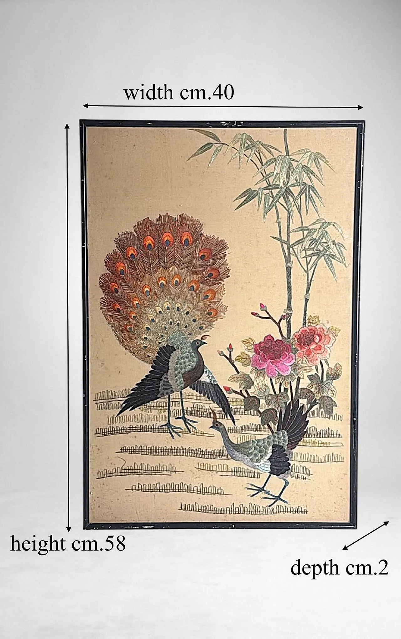 Silk embroidery panel with peacocks, peonies and bamboo, 1920s 20