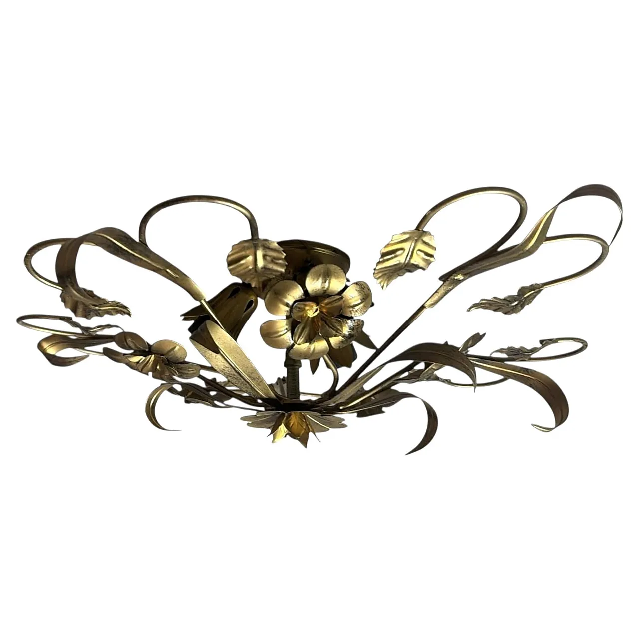 Florentine style gilt wrought iron flush mount ceiling light, 1950s 1