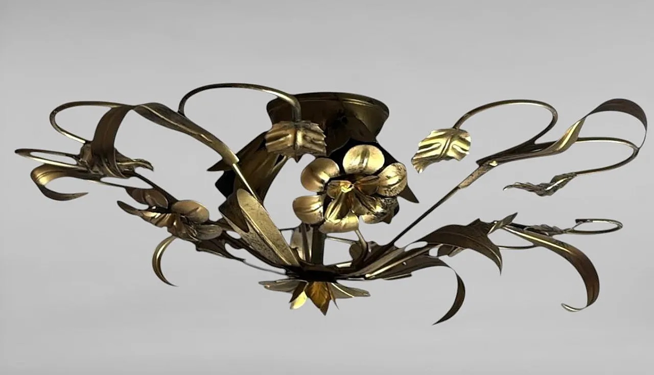 Florentine style gilt wrought iron flush mount ceiling light, 1950s 2