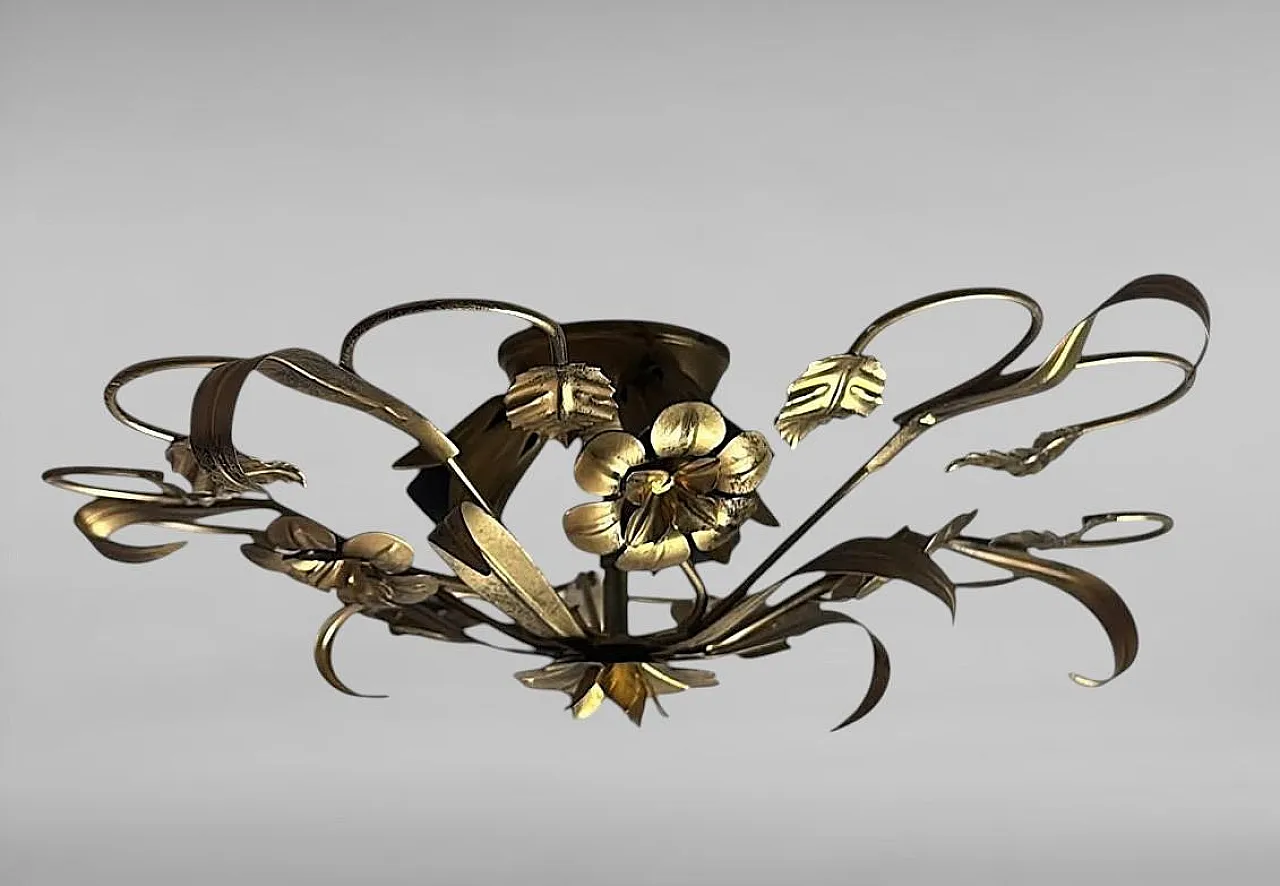 Florentine style gilt wrought iron flush mount ceiling light, 1950s 3