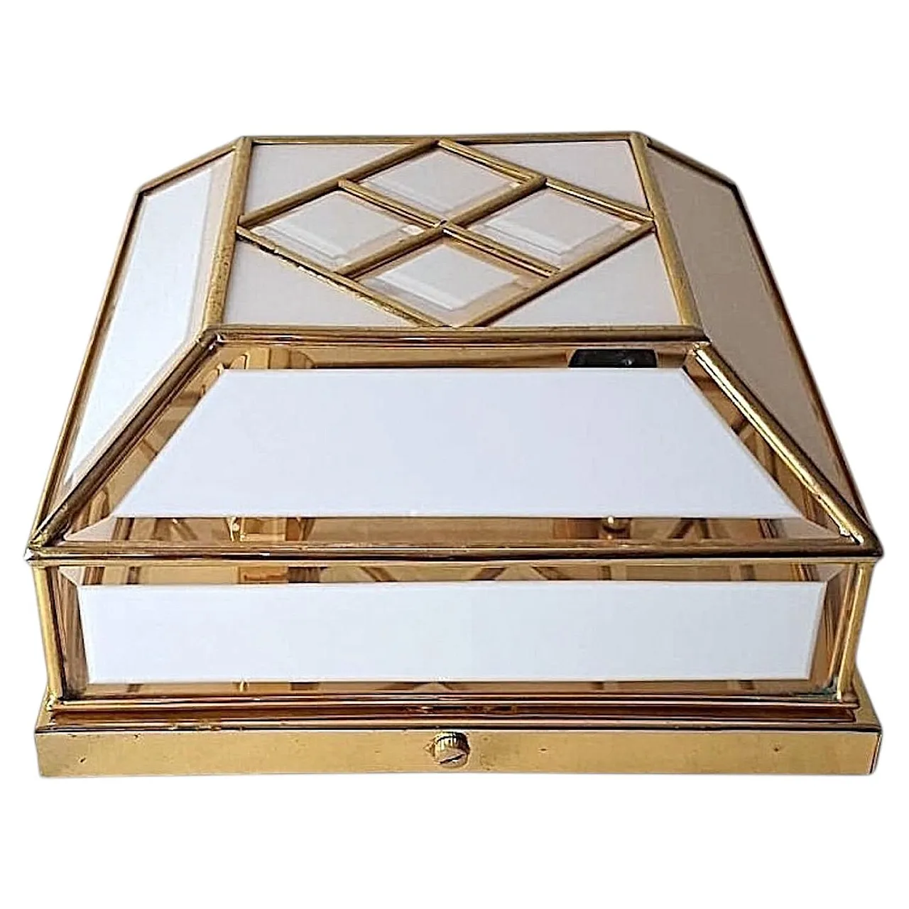 Brass and frosted opaline glass flush mount ceiling light, 1950s 1
