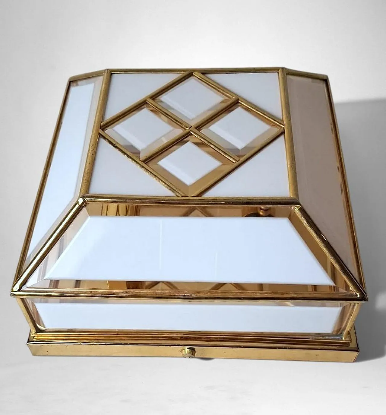 Brass and frosted opaline glass flush mount ceiling light, 1950s 4