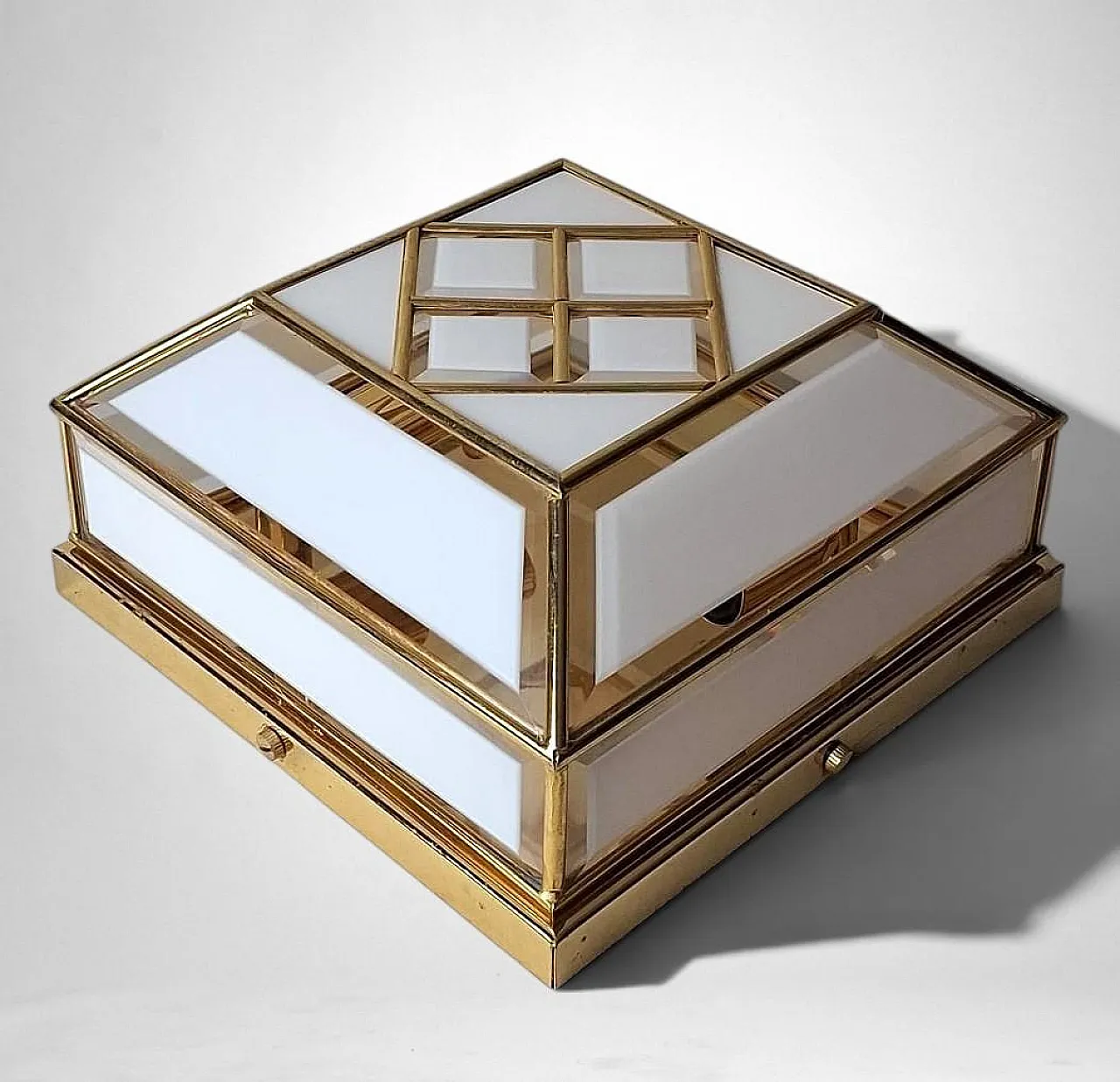 Brass and frosted opaline glass flush mount ceiling light, 1950s 9