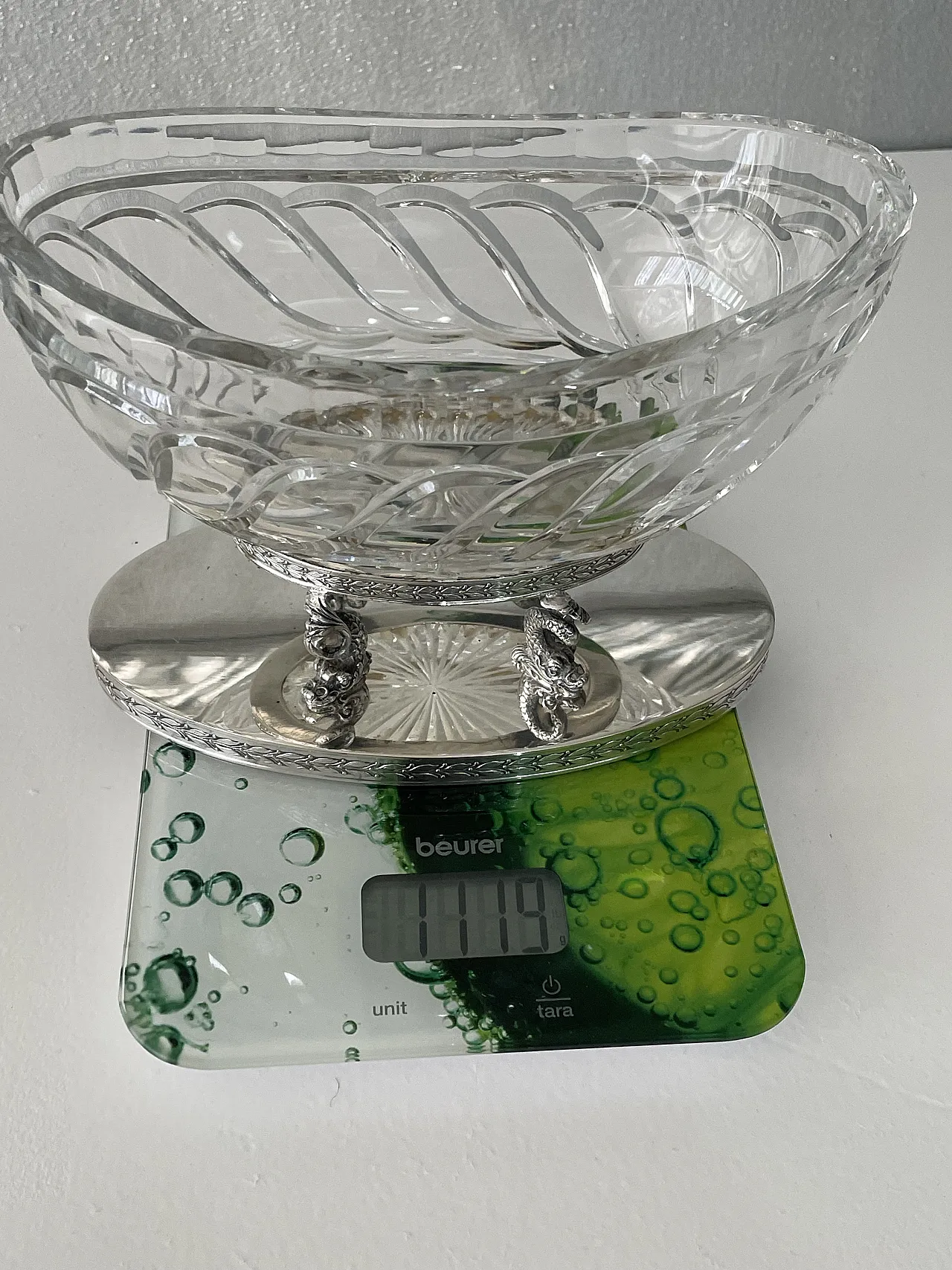 Centrotavola con delfini in argento 800 e cristallo, anni '70 14