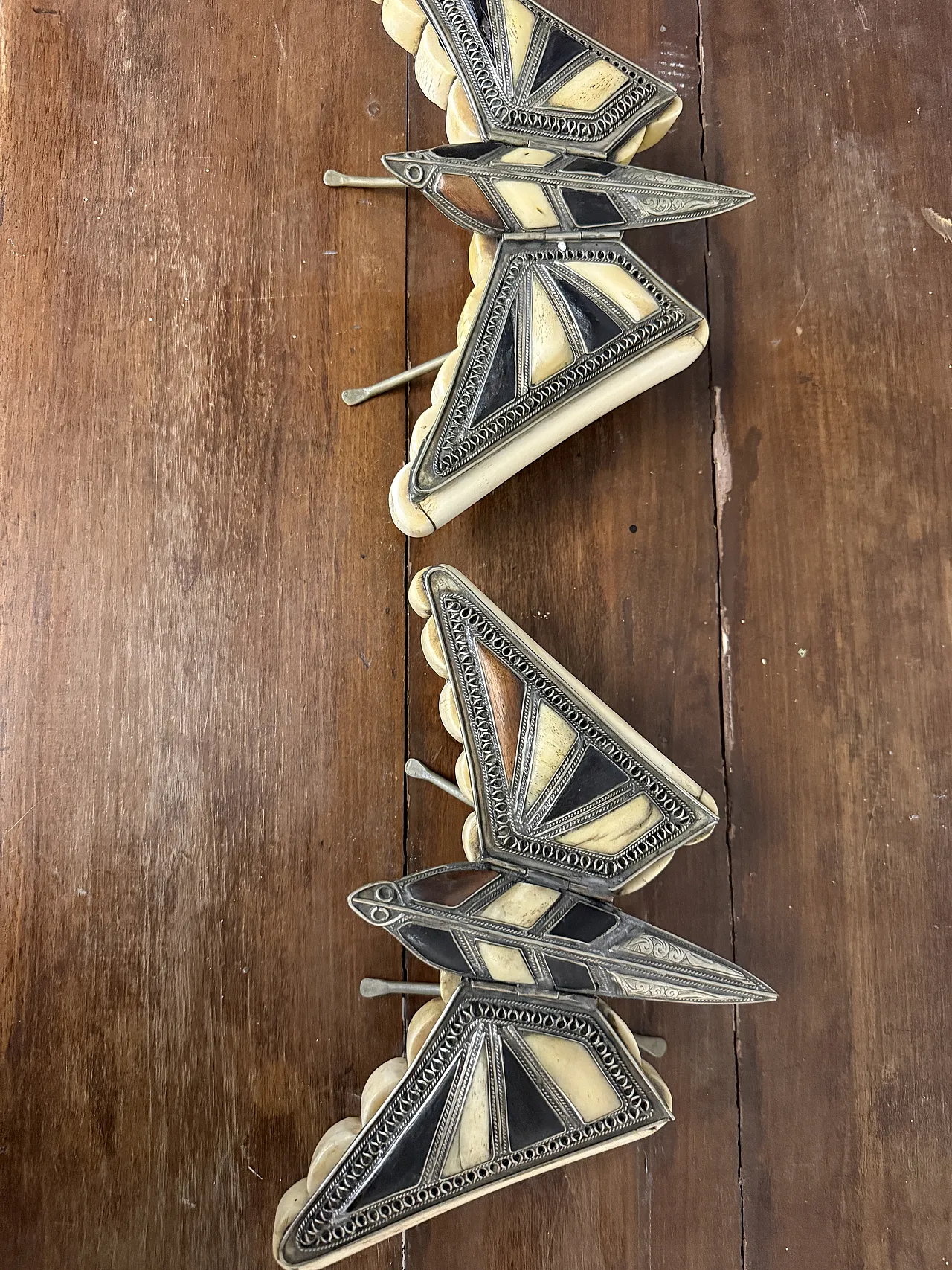 Pair of butterfly jewelry boxes in bone and carved wood, 1970s 6