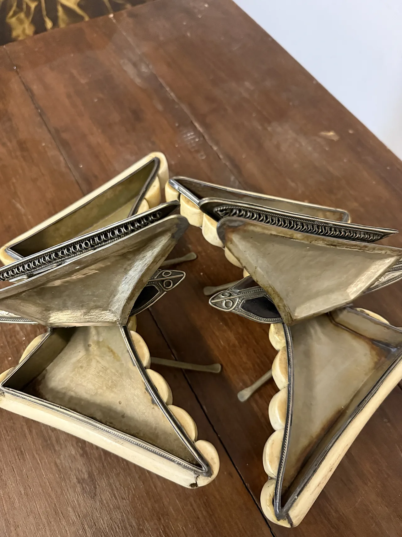 Pair of butterfly jewelry boxes in bone and carved wood, 1970s 9