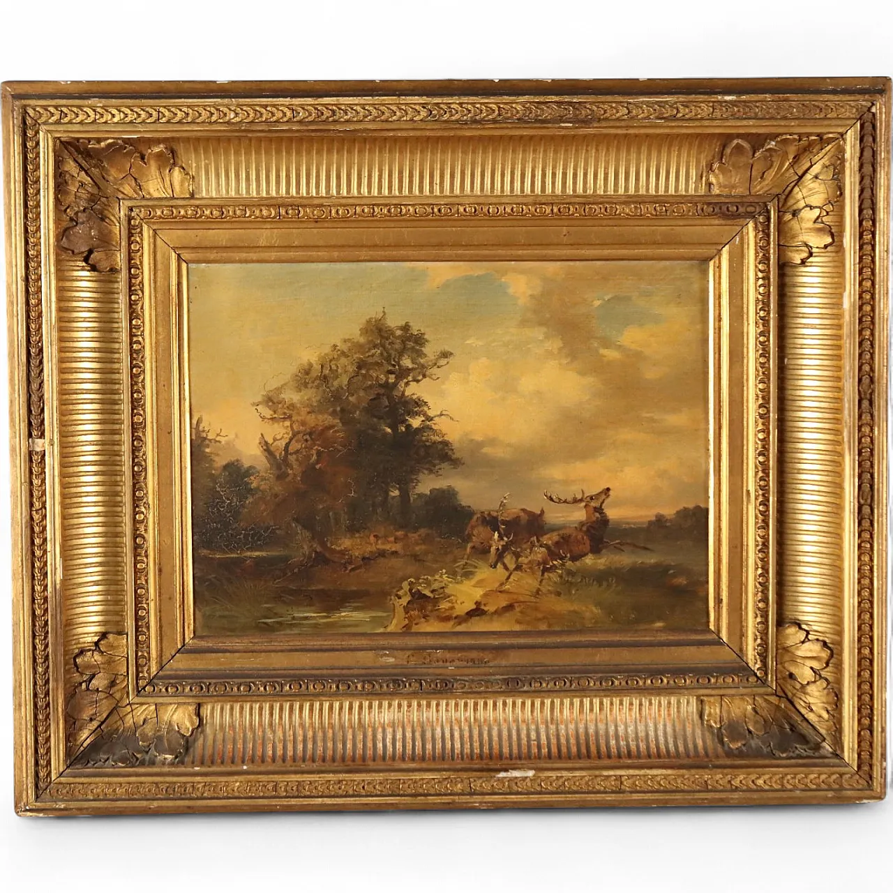 Landscape Painting with Fighting Deer, oil on canvas, 19th century 10