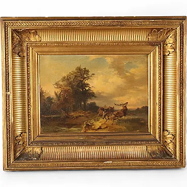 Landscape Painting with Fighting Deer, oil on canvas, 19th century