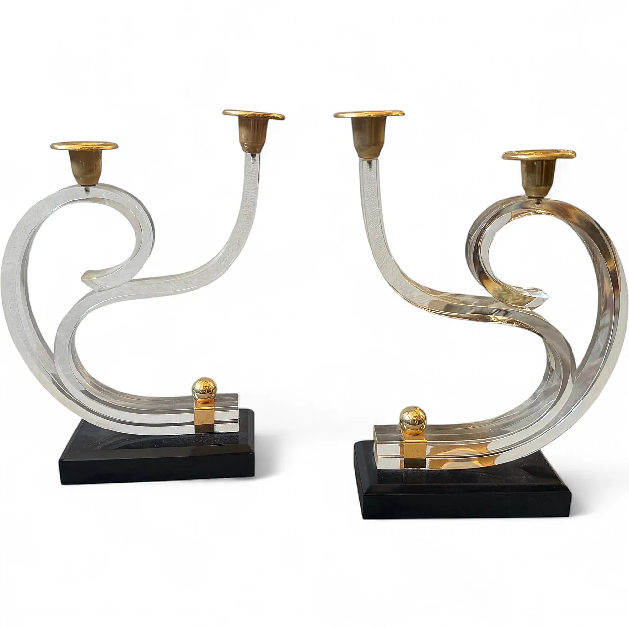 Pair of Mid-Century Modern lucite and brass candlesticks, 1970s 15