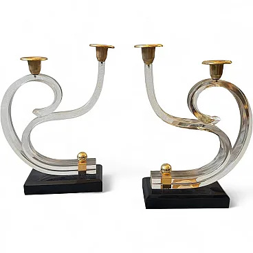 Pair of Mid-Century Modern lucite and brass candlesticks, 1970s
