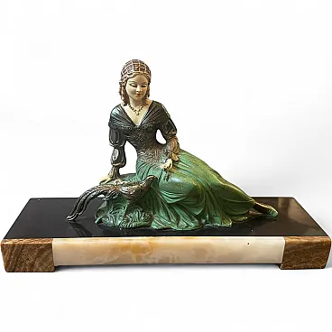 Spelter and marble statue of a Woman and a Pheasant, 1930s