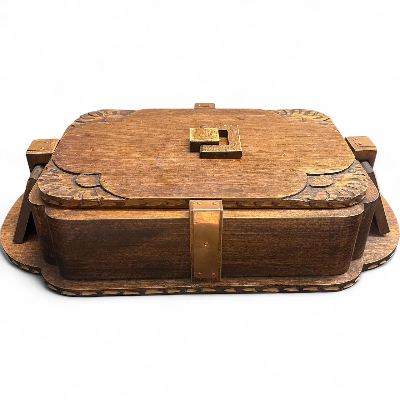 Art Deco hand-carved oak, maple wood and brass huge box, 1930s 16