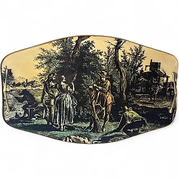 Vassoio decorativo con maniglie in ottone e scena pastorale, '900