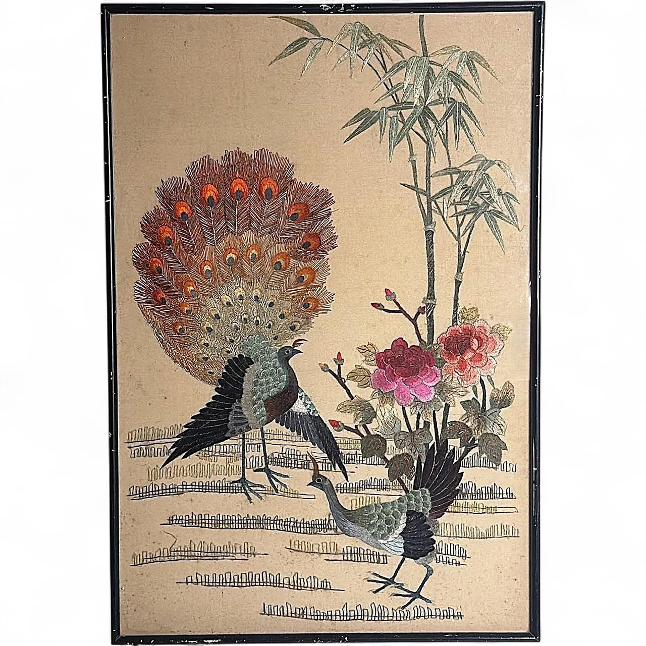 Silk embroidery panel with peacocks, peonies and bamboo, 1920s 21
