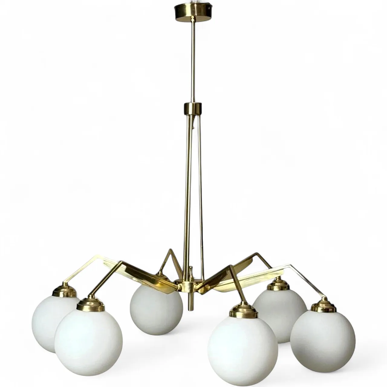 Lampadario in ottone in stile Stilnovo con globi in vetro opalino, 900 21