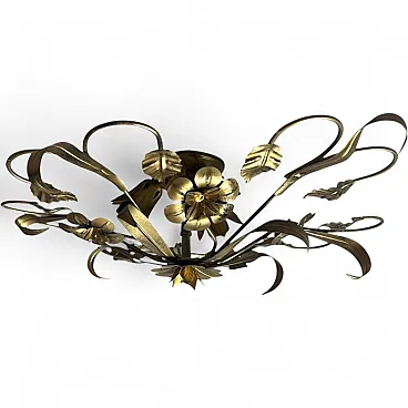 Florentine style gilt wrought iron flush mount ceiling light, 1950s