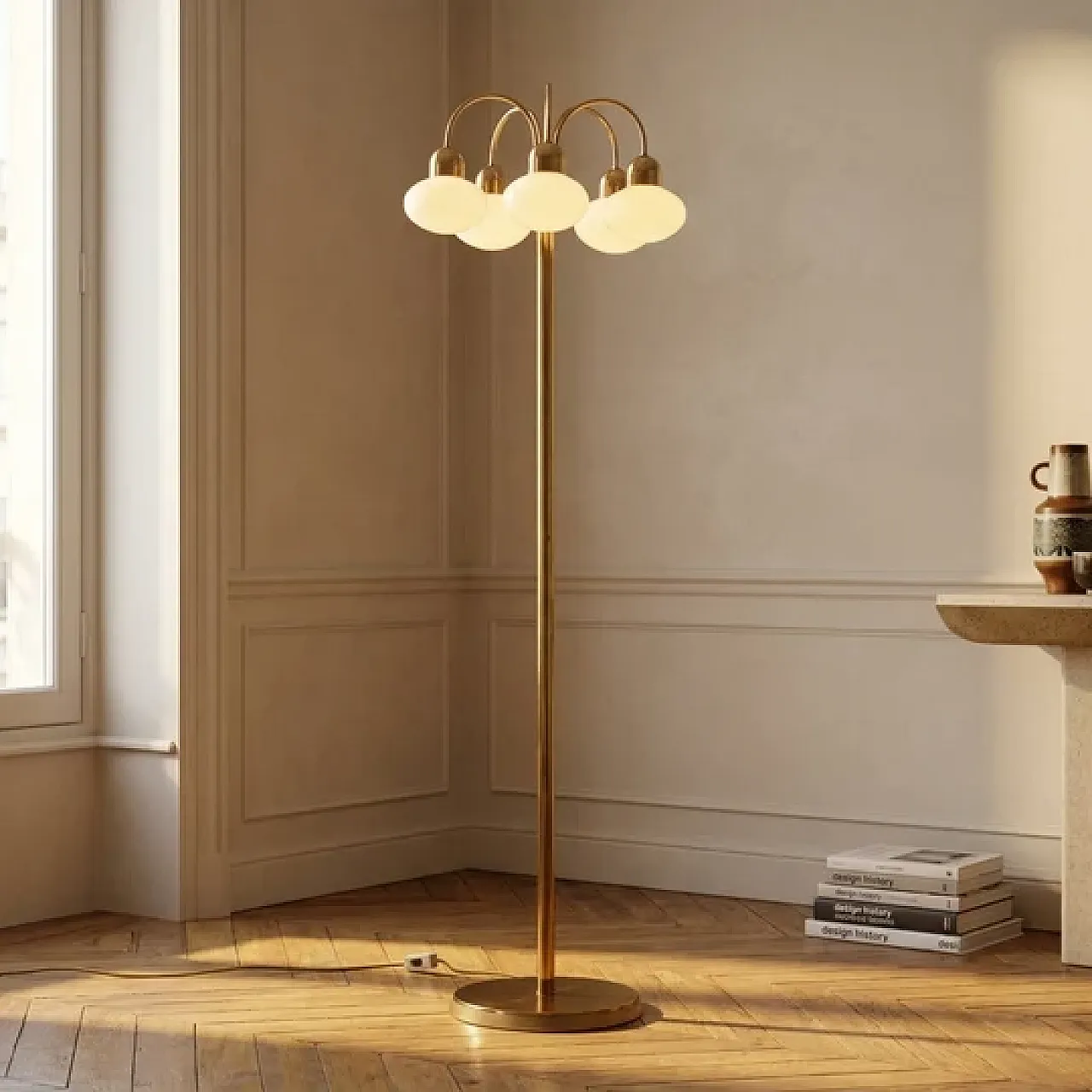 Lampada da terra in ottone con cinque paralumi in vetro opalino, '900 4