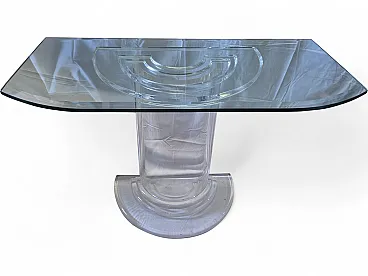 Consolle in plexiglass trasparente con piano in cristallo, metà '900
