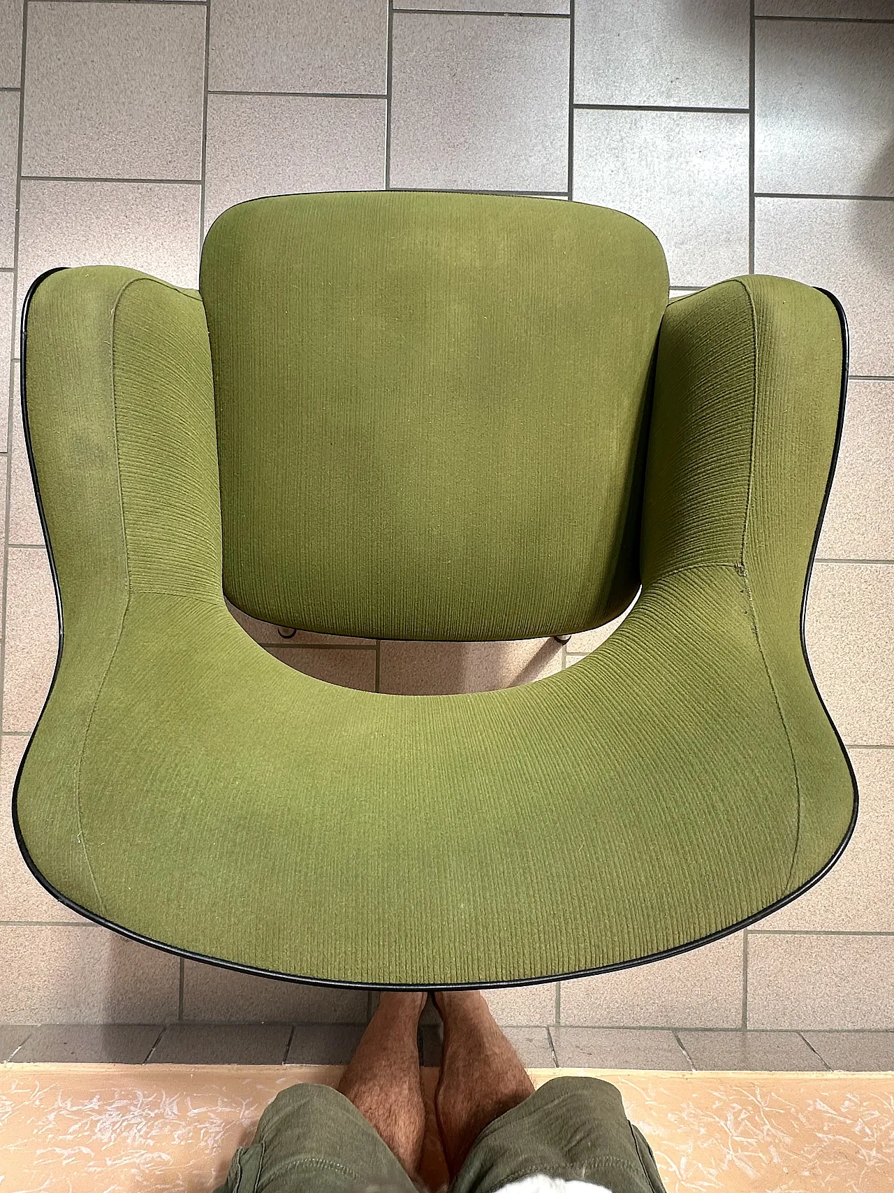 Pair of Mobiltecnica Torino armchairs, green fabric, black skai, 1970s 11