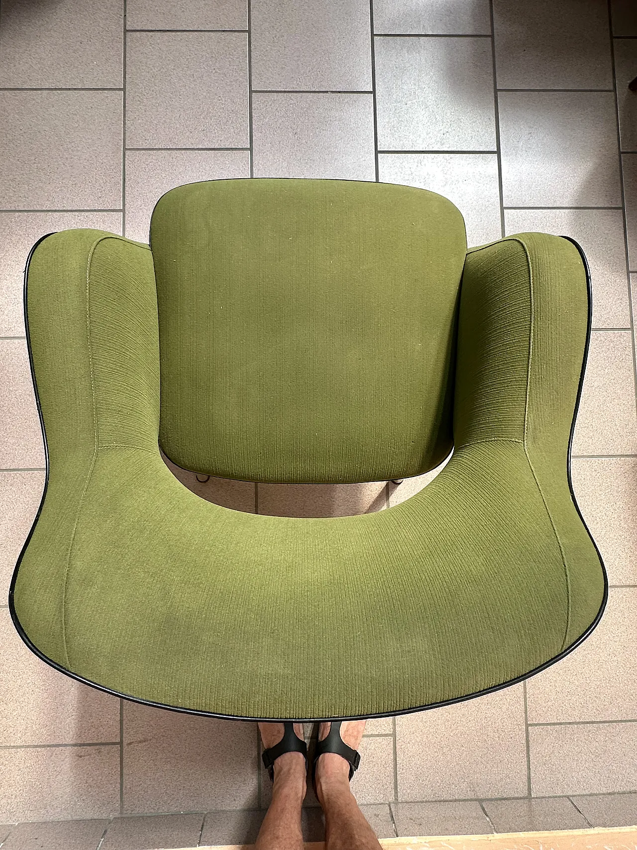 Pair of Mobiltecnica Torino armchairs, green fabric, black skai, 1970s 12