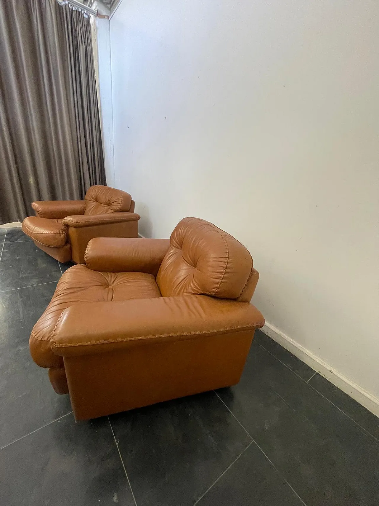 Pair of Cognac Leather Armchairs attributed to Vavassori, 1970s 4