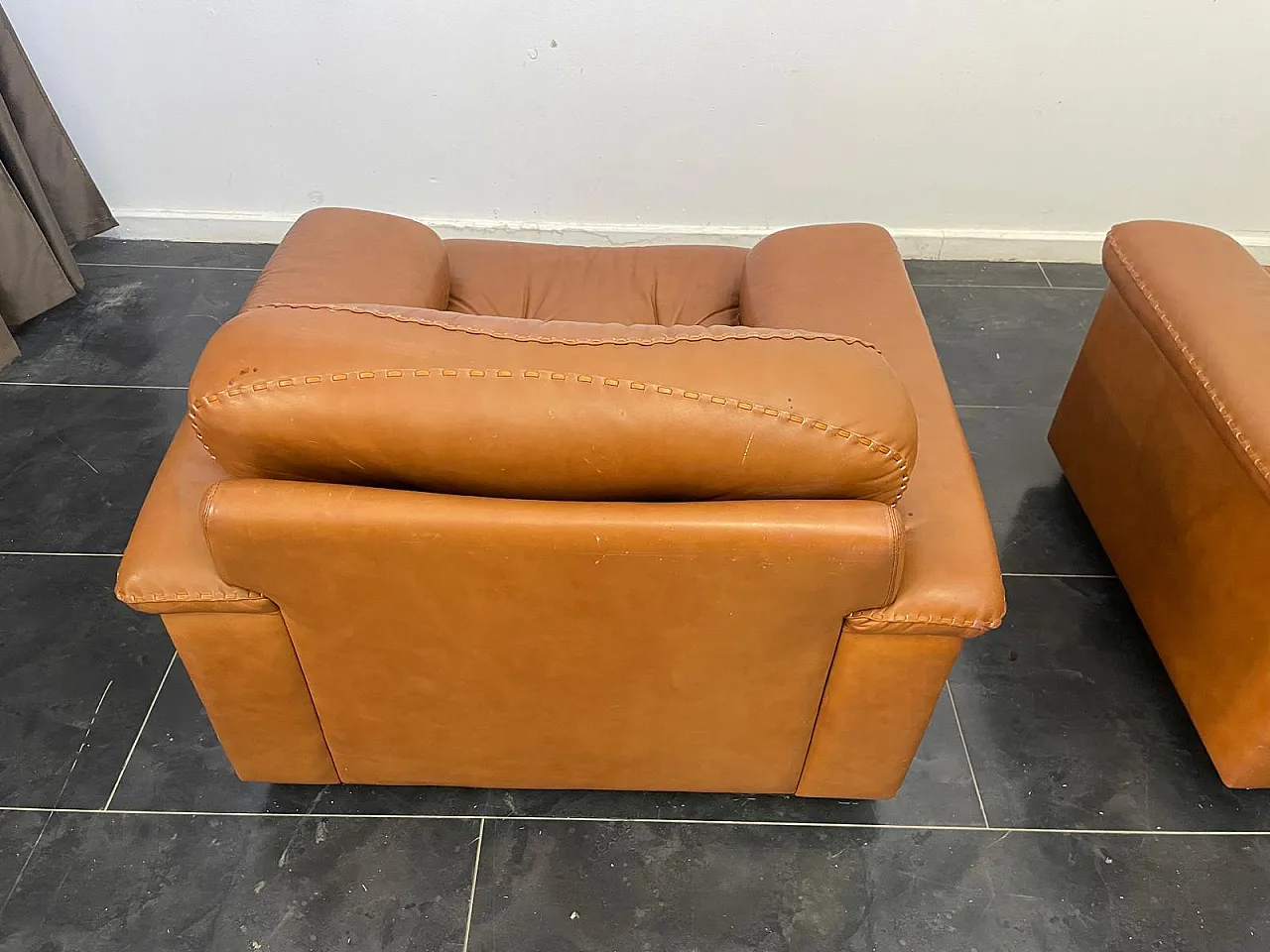Pair of Cognac Leather Armchairs attributed to Vavassori, 1970s 9