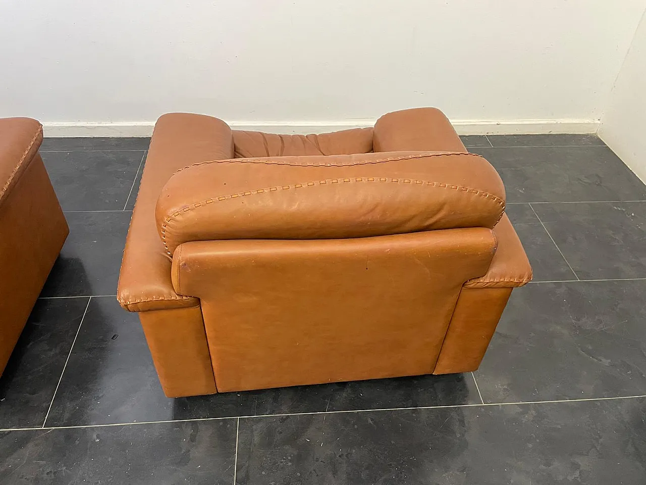 Pair of Cognac Leather Armchairs attributed to Vavassori, 1970s 10