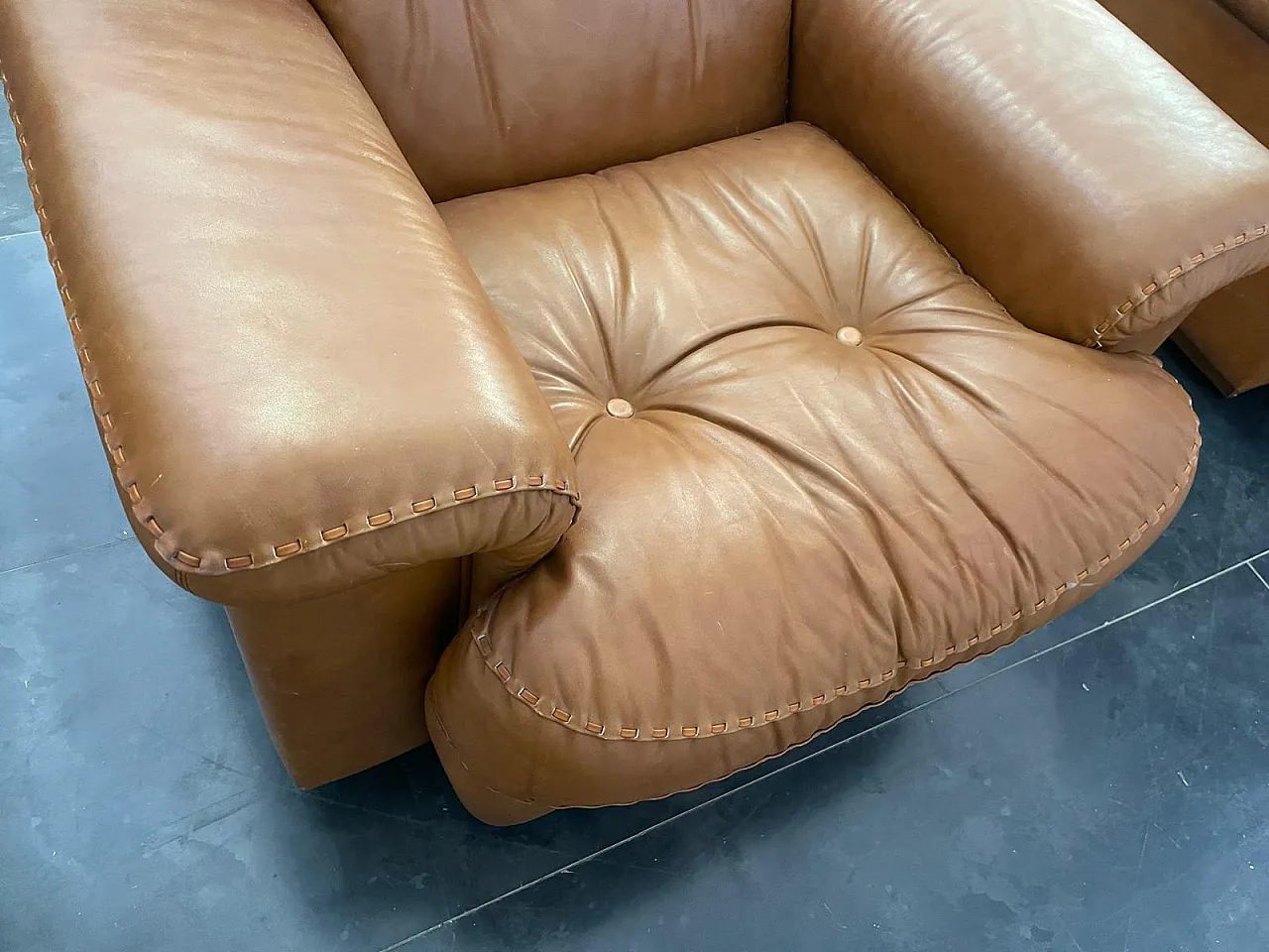 Pair of Cognac Leather Armchairs attributed to Vavassori, 1970s 12