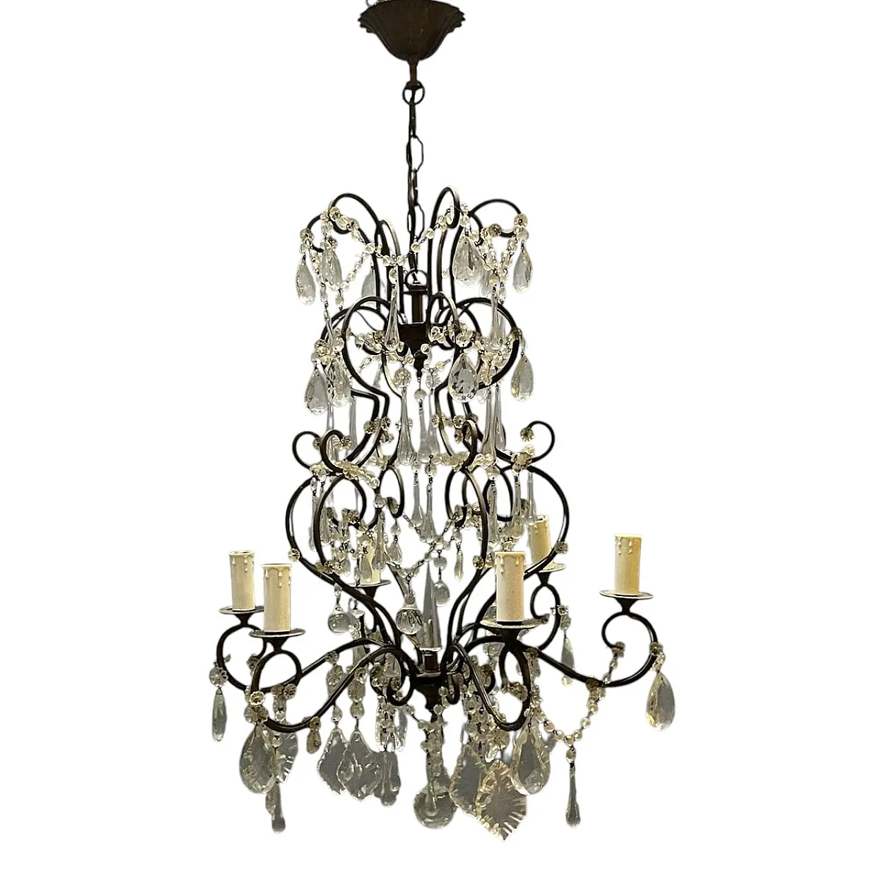 Mid-Century Modern Wrought Iron and Murano Glass Chandelier, Italy, 1950s 1