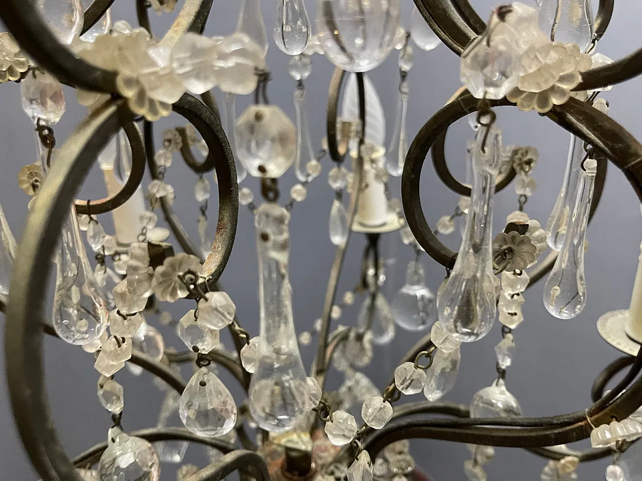 Mid-Century Modern Wrought Iron and Murano Glass Chandelier, Italy, 1950s 5