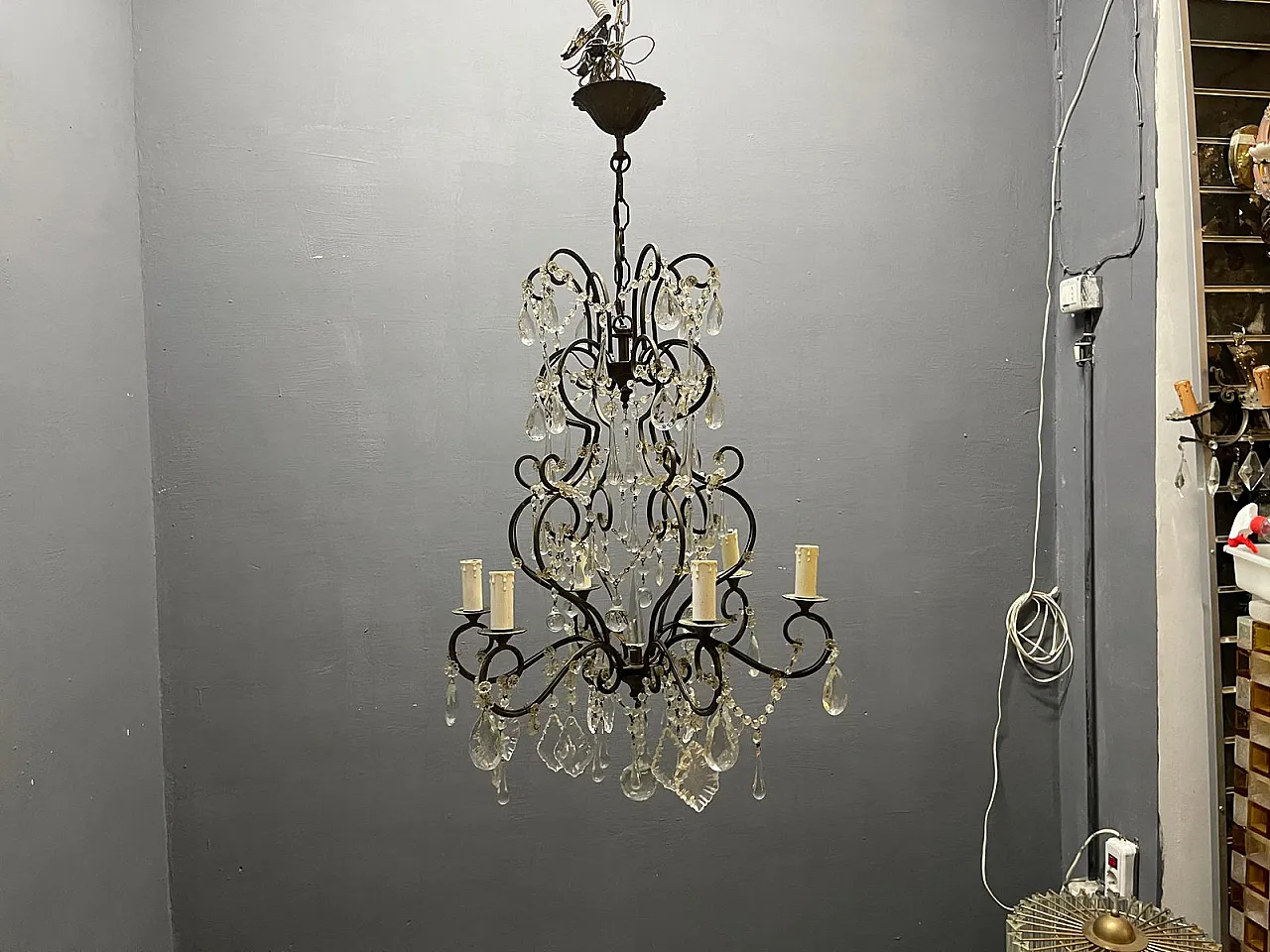 Mid-Century Modern Wrought Iron and Murano Glass Chandelier, Italy, 1950s 11