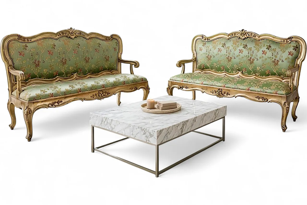 Pair of Louis XV style carved and gilded wooden sofas, 20th century 5