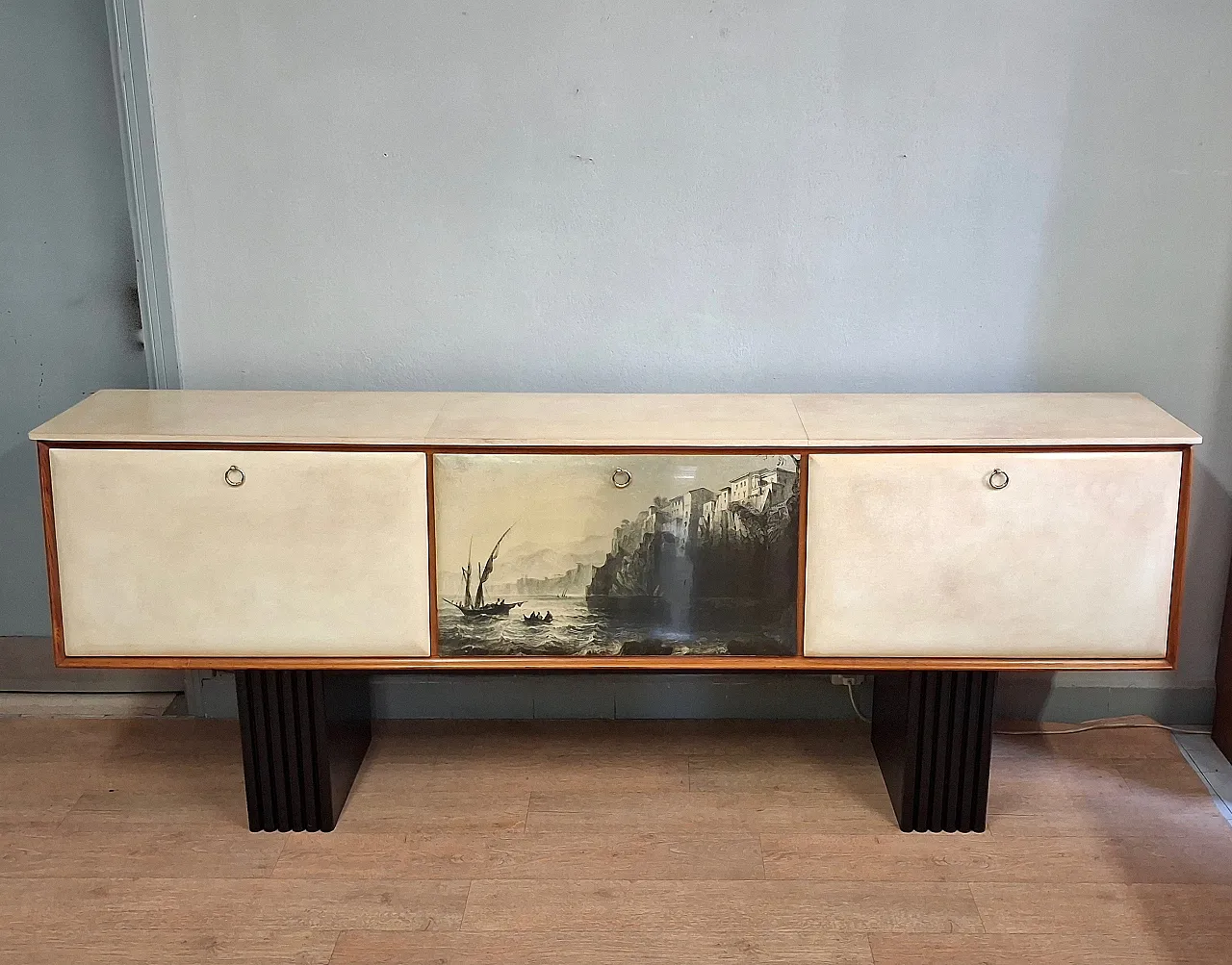Long sideboard with period print covered in original 1950s parchment 1